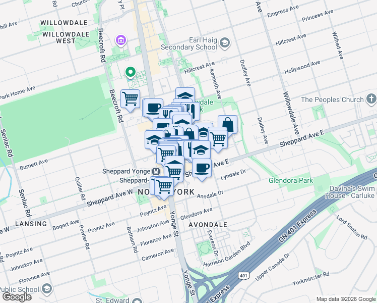 map of restaurants, bars, coffee shops, grocery stores, and more near 2 Forest Laneway in Toronto