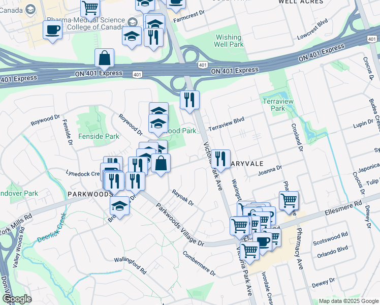 map of restaurants, bars, coffee shops, grocery stores, and more near 1350 York Mills Road in Toronto