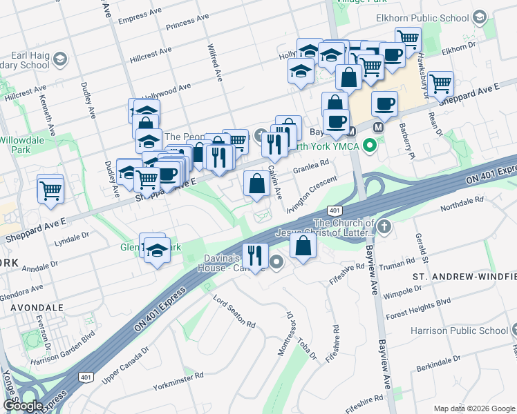 map of restaurants, bars, coffee shops, grocery stores, and more near 10 Fashion Roseway in Toronto