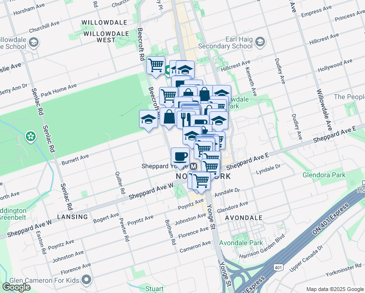 map of restaurants, bars, coffee shops, grocery stores, and more near 4900 Yonge Street in Toronto
