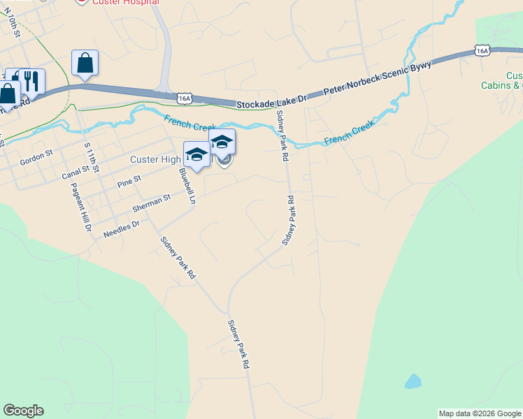 map of restaurants, bars, coffee shops, grocery stores, and more near 343 Rose Quartz Place in Custer