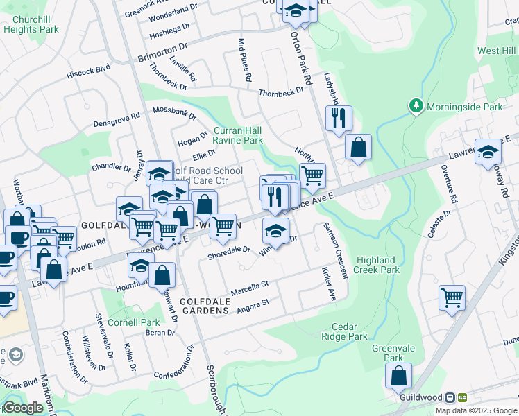 map of restaurants, bars, coffee shops, grocery stores, and more near 3818 Lawrence Avenue East in Toronto