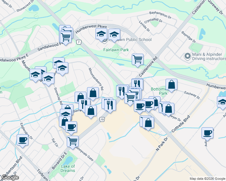 map of restaurants, bars, coffee shops, grocery stores, and more near 13 Mount Fuji Crescent in Brampton