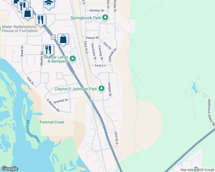 map of restaurants, bars, coffee shops, grocery stores, and more near 4505 Juniper Street in La Crosse