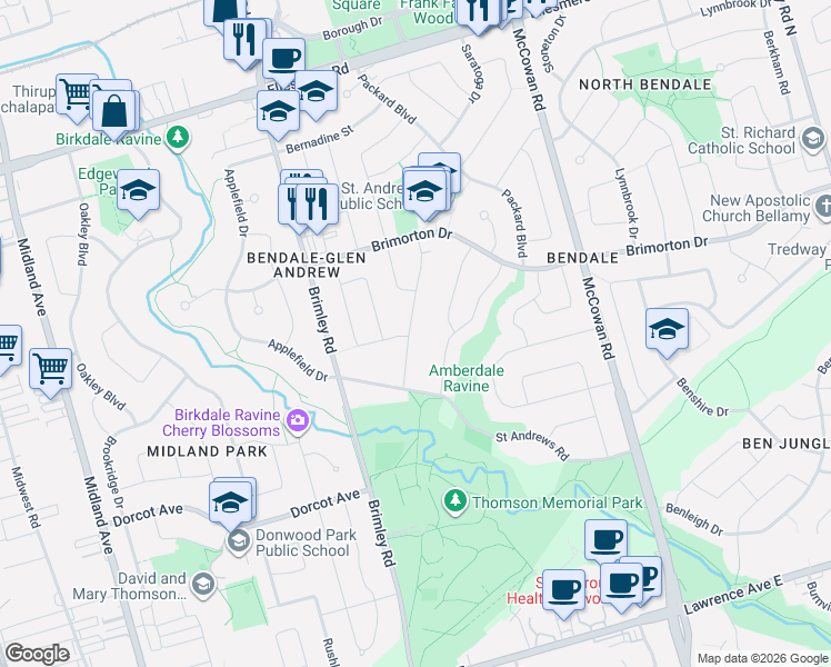 map of restaurants, bars, coffee shops, grocery stores, and more near 23 Neapolitan Drive in Toronto