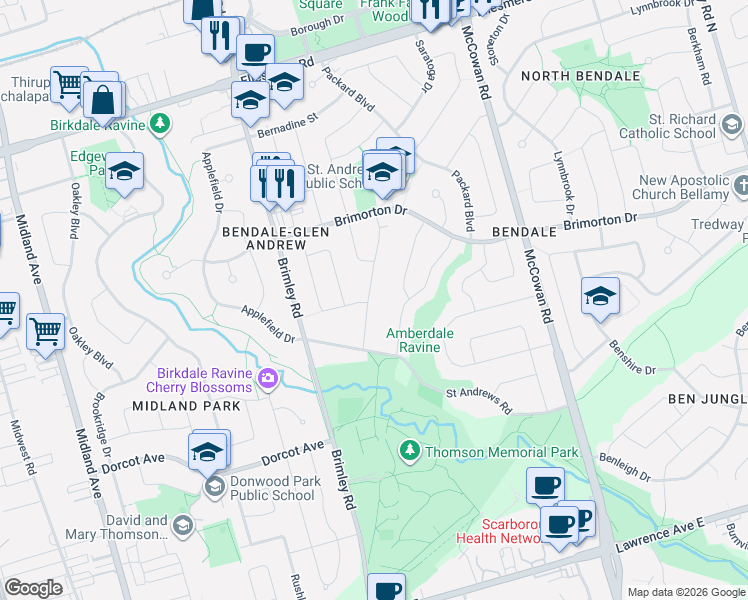 map of restaurants, bars, coffee shops, grocery stores, and more near 23 Neapolitan Drive in Toronto