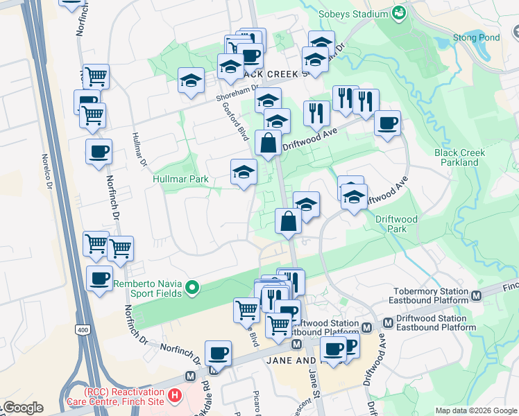 map of restaurants, bars, coffee shops, grocery stores, and more near 16 Gosford Boulevard in Toronto