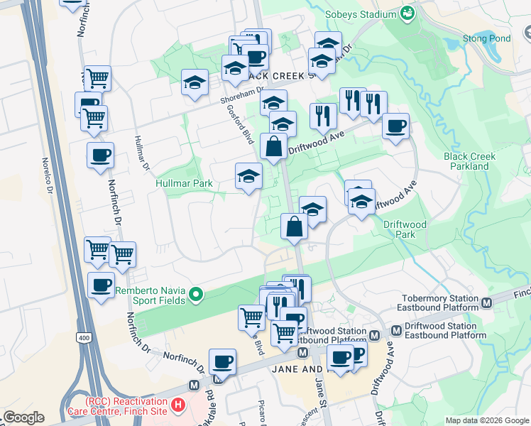 map of restaurants, bars, coffee shops, grocery stores, and more near 25 Gosford Boulevard in Toronto