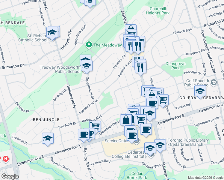 map of restaurants, bars, coffee shops, grocery stores, and more near 114 Rochman Boulevard in Toronto