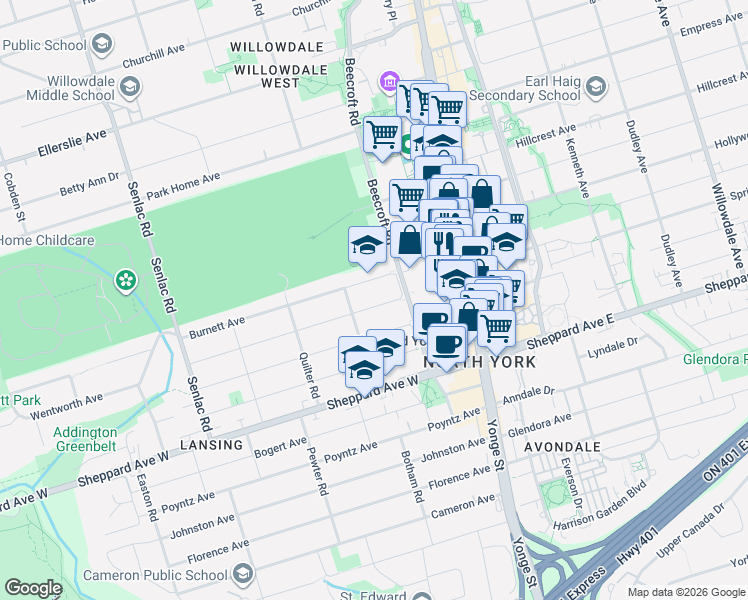map of restaurants, bars, coffee shops, grocery stores, and more near 78 Burndale Avenue in Toronto