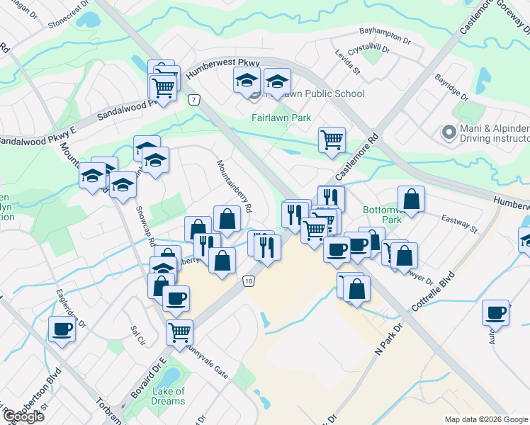 map of restaurants, bars, coffee shops, grocery stores, and more near 6 Mount Fuji Crescent in Brampton