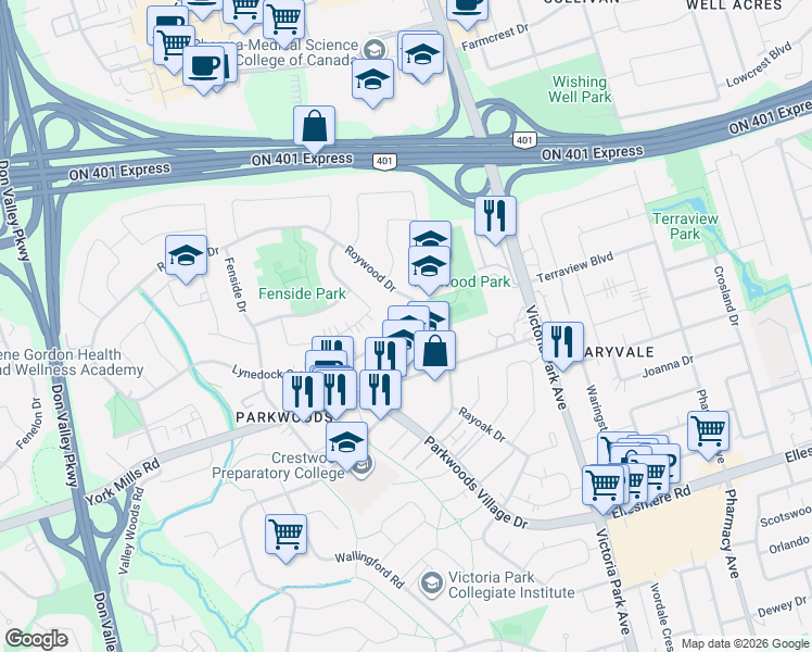 map of restaurants, bars, coffee shops, grocery stores, and more near in Toronto