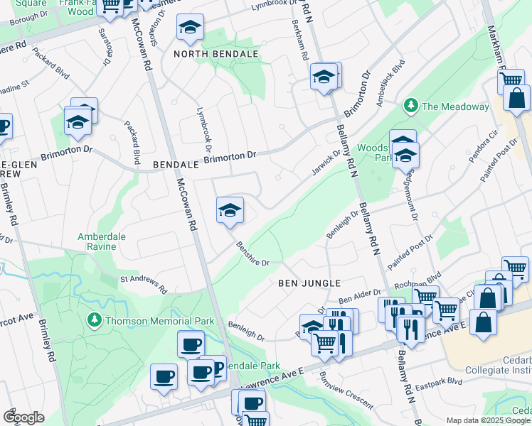 map of restaurants, bars, coffee shops, grocery stores, and more near 37 Jarwick Drive in Toronto