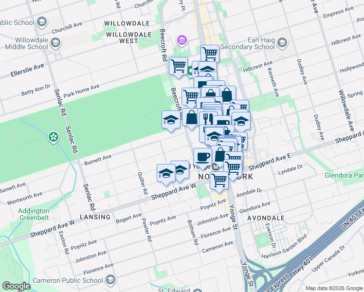 map of restaurants, bars, coffee shops, grocery stores, and more near 66 Burndale Avenue in Toronto