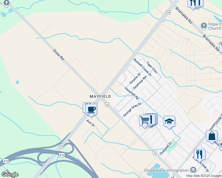 map of restaurants, bars, coffee shops, grocery stores, and more near 4535 Mayfield Road in Brampton