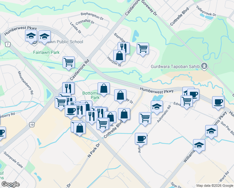map of restaurants, bars, coffee shops, grocery stores, and more near 49 Eastway Street in Brampton