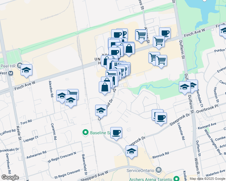 map of restaurants, bars, coffee shops, grocery stores, and more near 4478 Chesswood Drive in North York