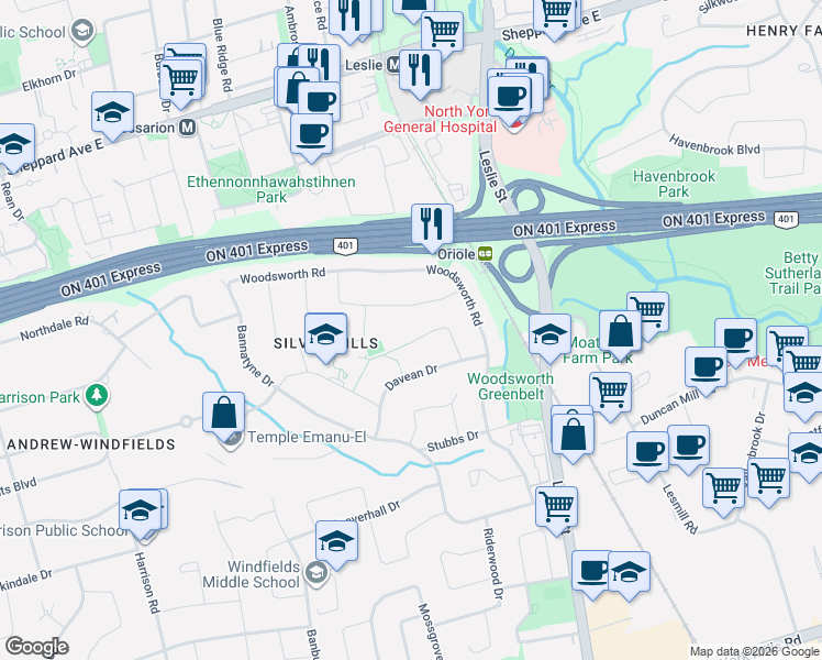 map of restaurants, bars, coffee shops, grocery stores, and more near 32 Shouldice Court in Toronto