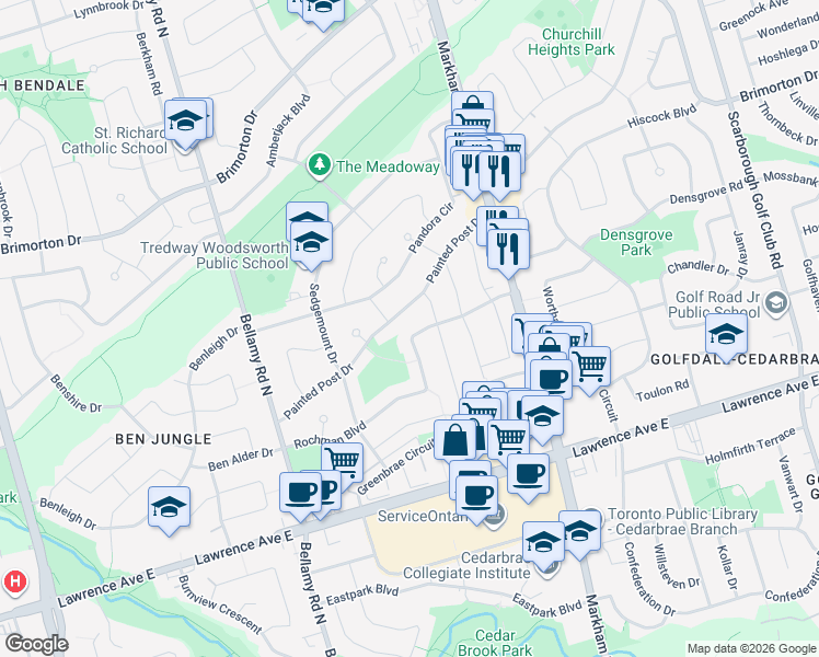 map of restaurants, bars, coffee shops, grocery stores, and more near in Toronto