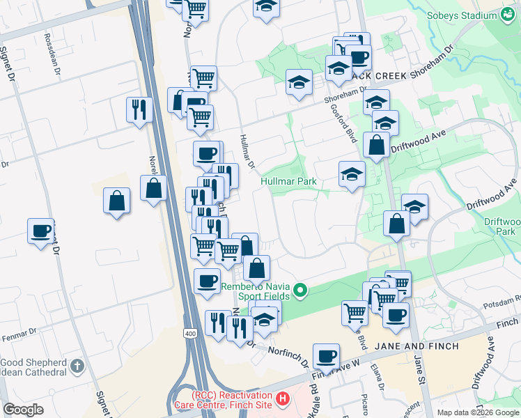 map of restaurants, bars, coffee shops, grocery stores, and more near in Toronto
