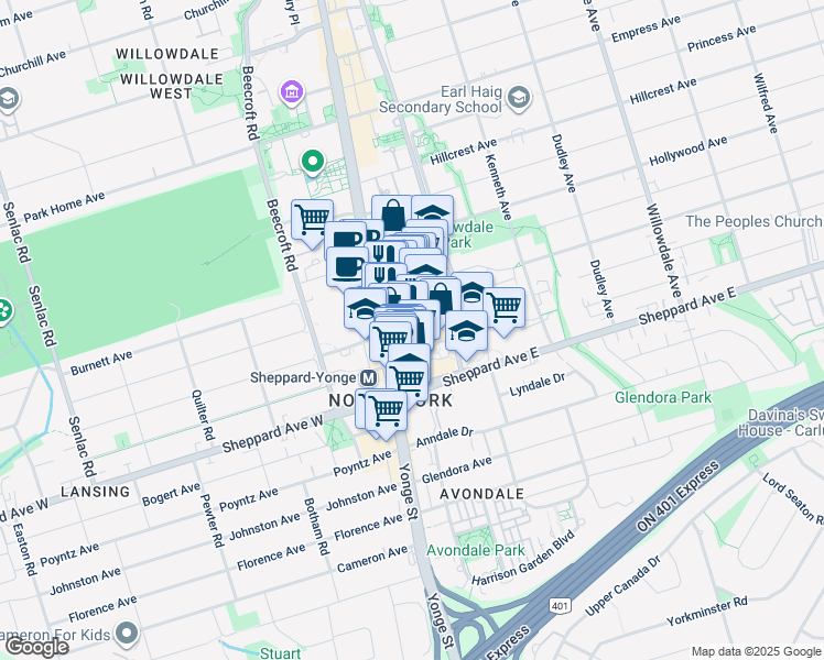 map of restaurants, bars, coffee shops, grocery stores, and more near 35 Greenfield Avenue in Toronto