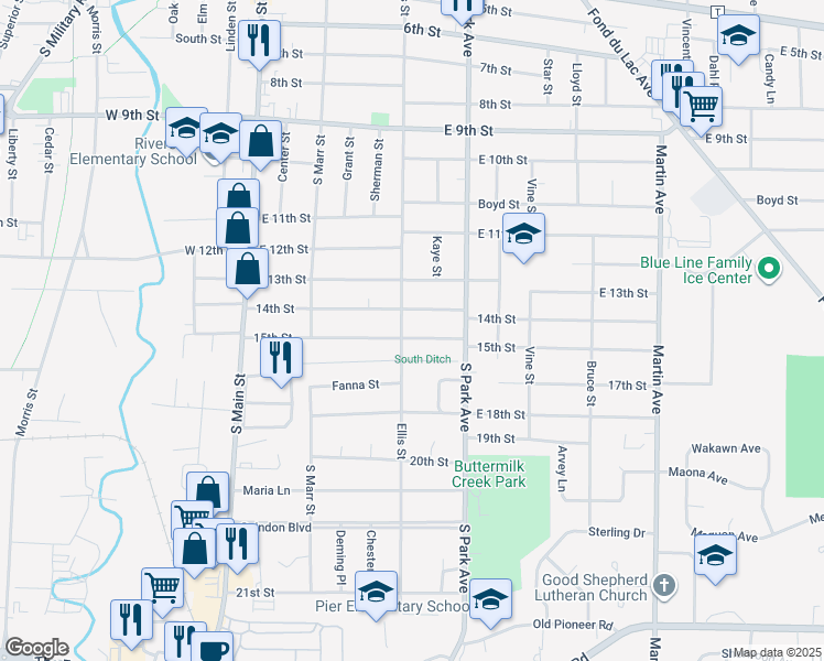 map of restaurants, bars, coffee shops, grocery stores, and more near 152 14th Street in Fond du Lac