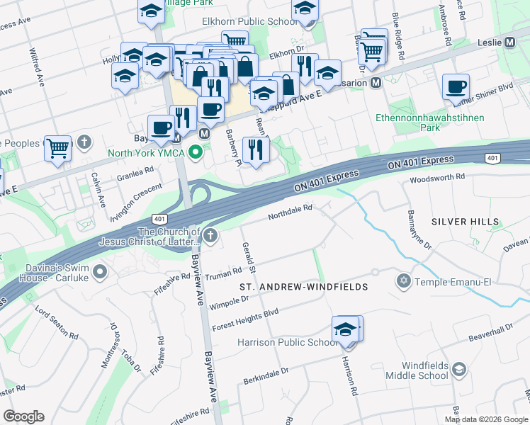 map of restaurants, bars, coffee shops, grocery stores, and more near in Toronto