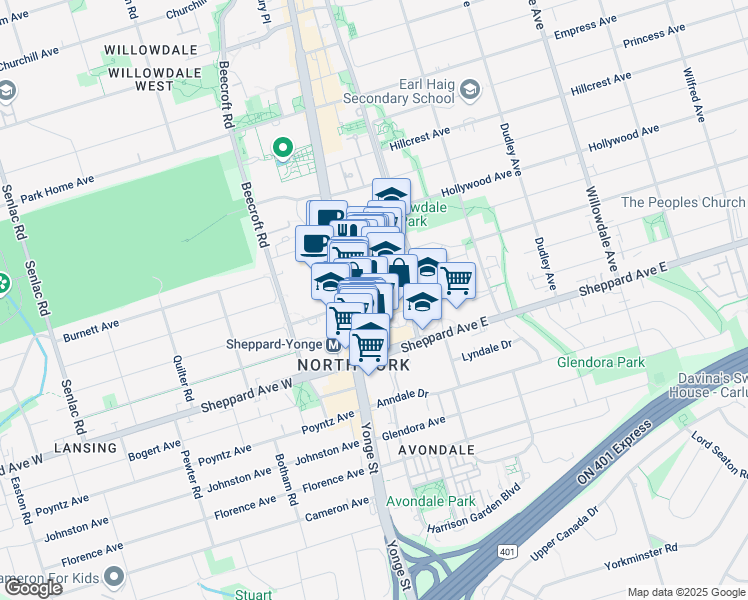 map of restaurants, bars, coffee shops, grocery stores, and more near in Toronto