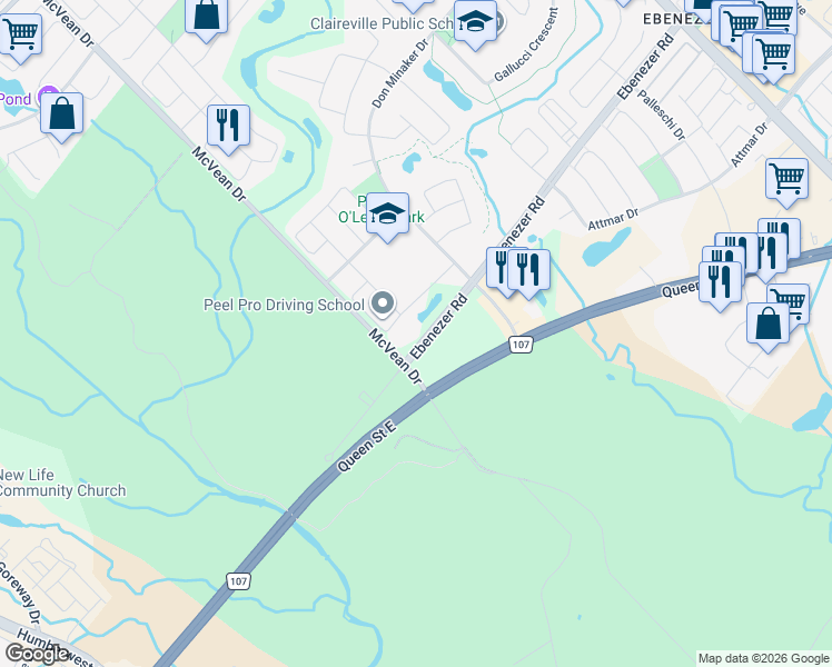 map of restaurants, bars, coffee shops, grocery stores, and more near 31 Imperial Lakes Drive in Brampton