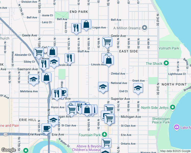 map of restaurants, bars, coffee shops, grocery stores, and more near 1733 North 10th Street in Sheboygan