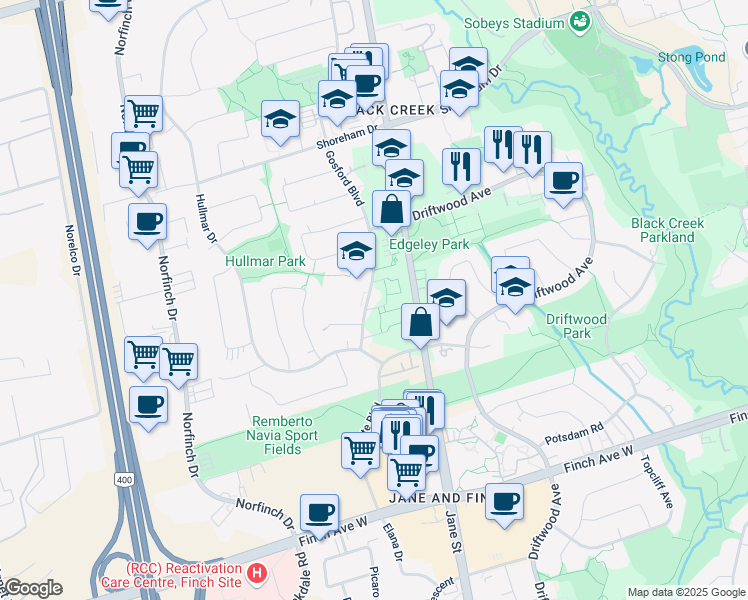 map of restaurants, bars, coffee shops, grocery stores, and more near 9 Gosford Boulevard in Toronto