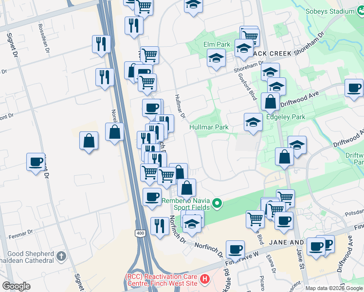 map of restaurants, bars, coffee shops, grocery stores, and more near 64 Ruthmar Crescent in Toronto
