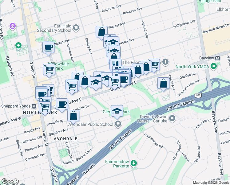 map of restaurants, bars, coffee shops, grocery stores, and more near 181 Sheppard Avenue East in Toronto