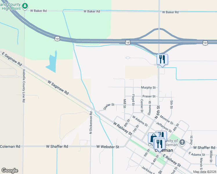 map of restaurants, bars, coffee shops, grocery stores, and more near 510 Murphy Street in Coleman