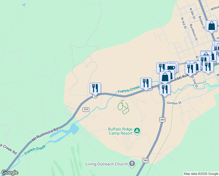 map of restaurants, bars, coffee shops, grocery stores, and more near 535 Mount Rushmore Road in Custer