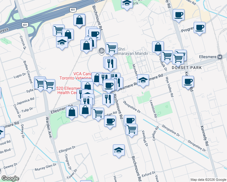 map of restaurants, bars, coffee shops, grocery stores, and more near Birchmount Rd & Ellesmere Rd in Toronto