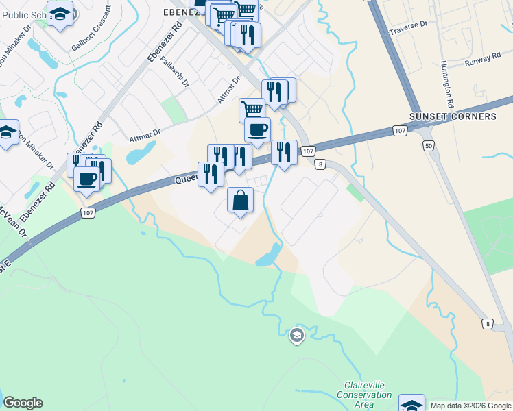map of restaurants, bars, coffee shops, grocery stores, and more near 3 Brewster Road in Brampton
