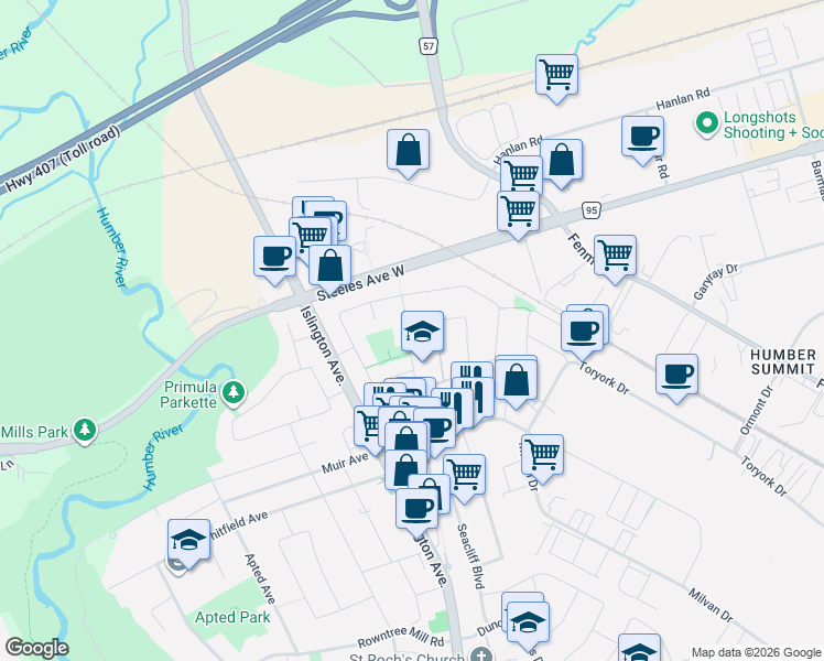 map of restaurants, bars, coffee shops, grocery stores, and more near 155 Plunkett Road in Toronto