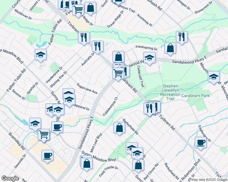 map of restaurants, bars, coffee shops, grocery stores, and more near 10 Lakespring Gate in Brampton