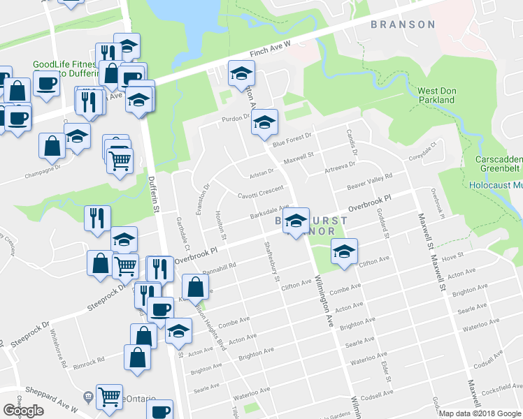 map of restaurants, bars, coffee shops, grocery stores, and more near 22 Barksdale Avenue in Toronto