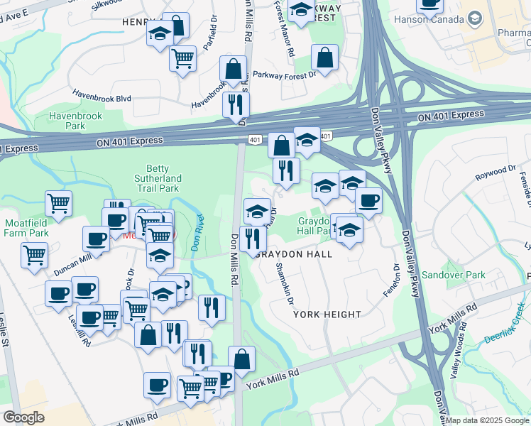 map of restaurants, bars, coffee shops, grocery stores, and more near 30 Graydon Hall Drive in Toronto