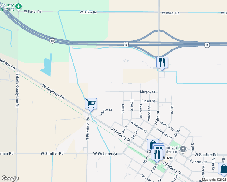 map of restaurants, bars, coffee shops, grocery stores, and more near 510 Murphy Street in Coleman
