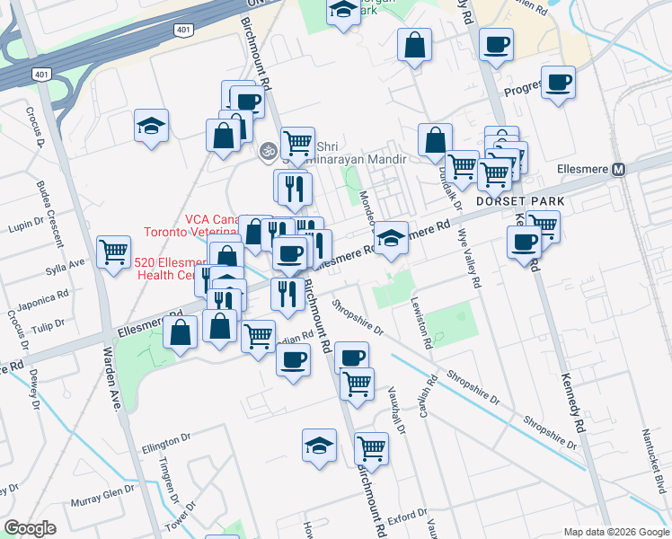 map of restaurants, bars, coffee shops, grocery stores, and more near 691 Ellesmere Road in Toronto