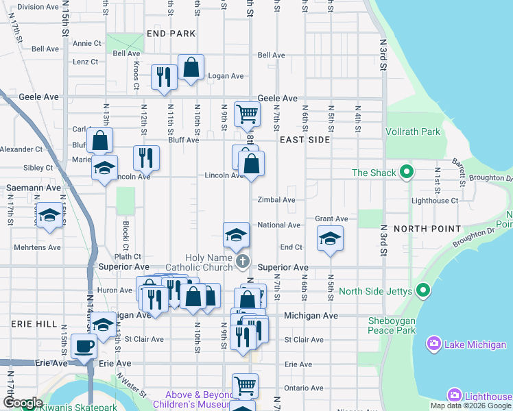 map of restaurants, bars, coffee shops, grocery stores, and more near 1733 North 8th Street in Sheboygan