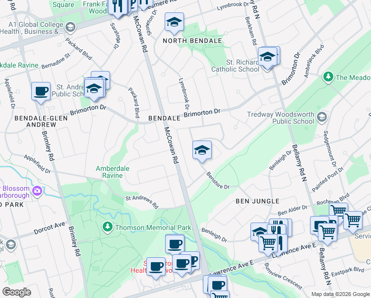 map of restaurants, bars, coffee shops, grocery stores, and more near in Toronto