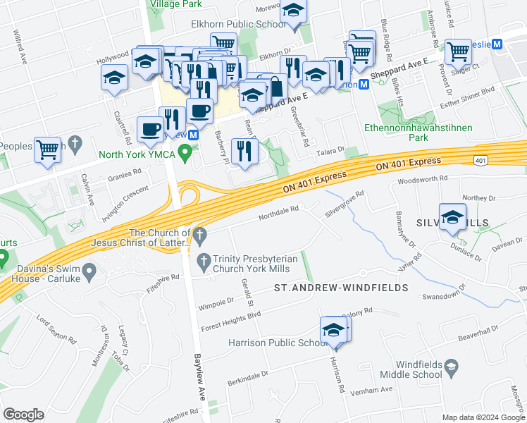 map of restaurants, bars, coffee shops, grocery stores, and more near 70 Northdale Road in Toronto