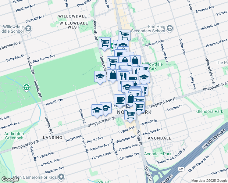 map of restaurants, bars, coffee shops, grocery stores, and more near in Toronto
