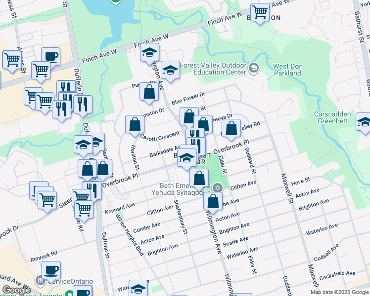 map of restaurants, bars, coffee shops, grocery stores, and more near in Toronto