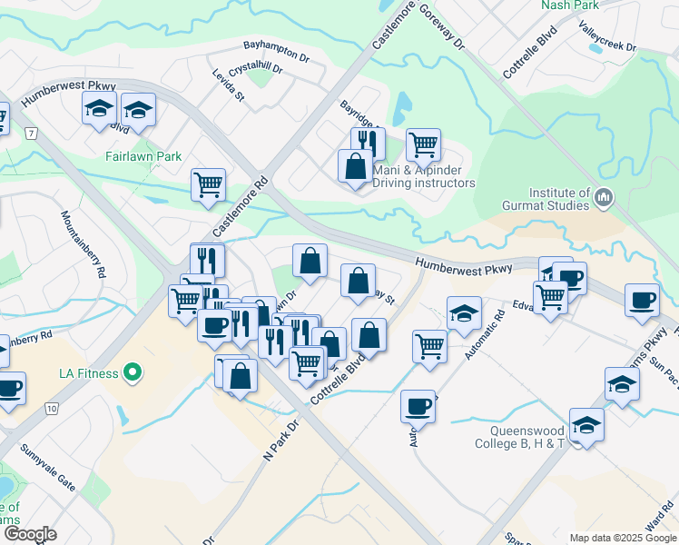 map of restaurants, bars, coffee shops, grocery stores, and more near in Brampton
