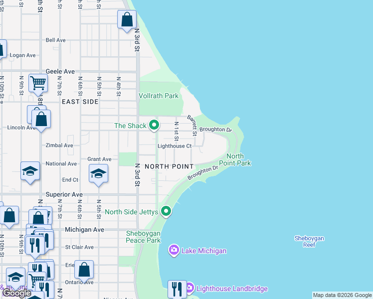 map of restaurants, bars, coffee shops, grocery stores, and more near 80 Lighthouse Court in Sheboygan